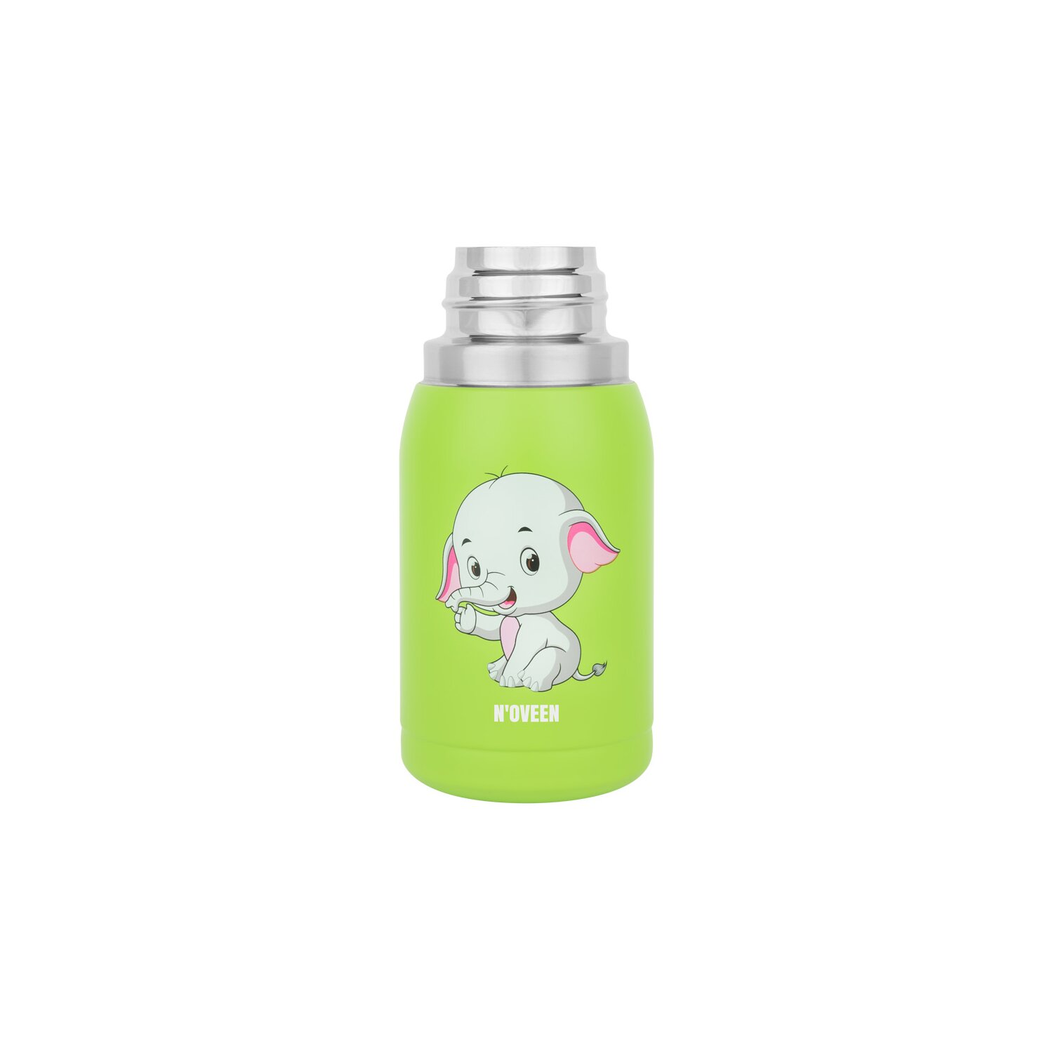 Grüne Babyflasche mit Elefantenmuster, silberner Kappe, weißer Hintergrund.