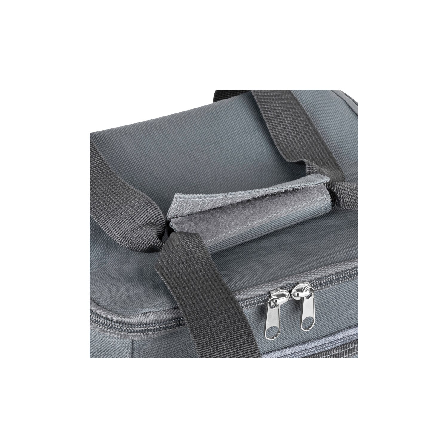 Eine graue Isolier-Tasche mit zwei Reißverschlüssen und einem Klettverschluss-Griff.