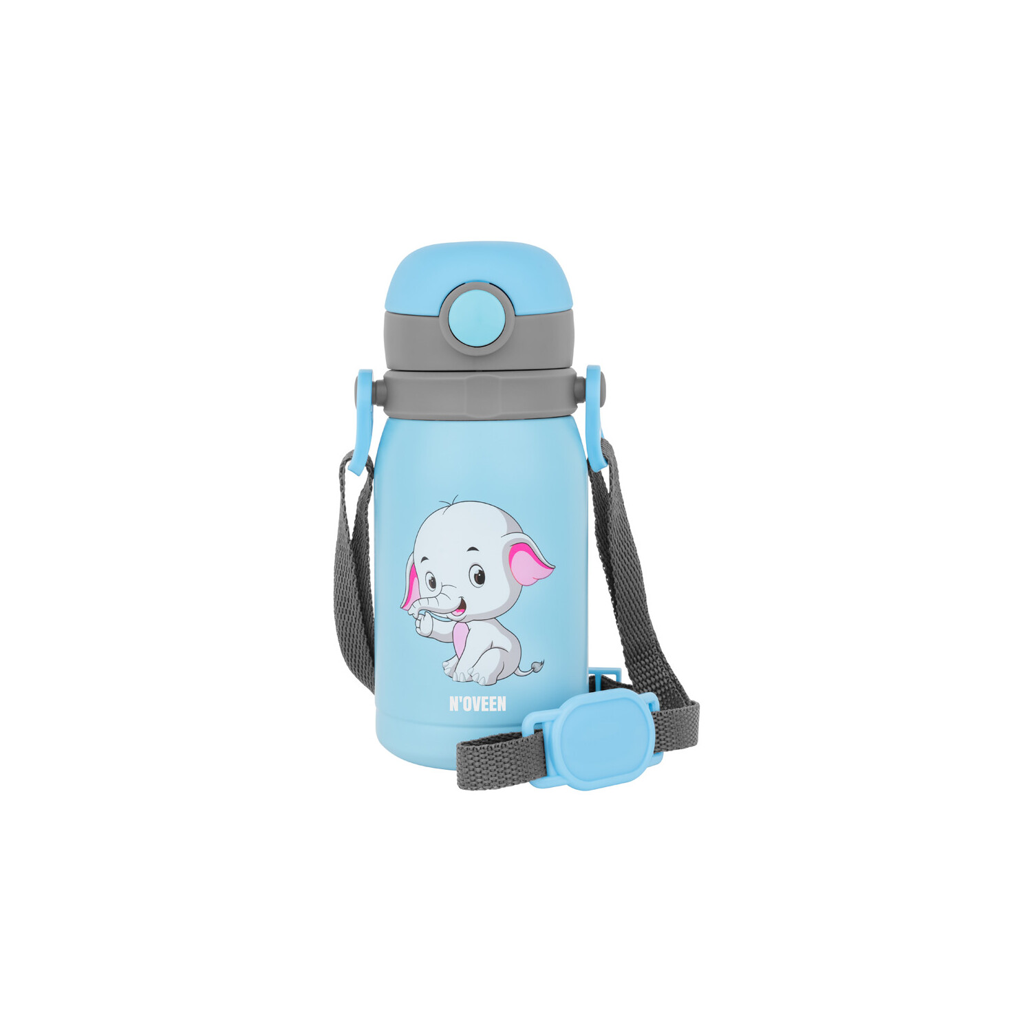 Blaue Trinkflasche mit Elefanten-Illustration.