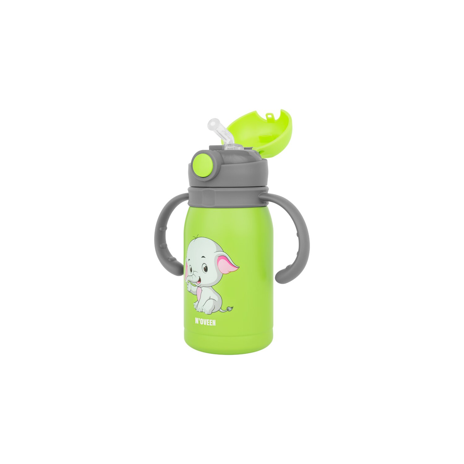 Grüne Babyflasche mit Elefantenillustration, zwei Griffen und einem Klappdeckel mit Strohhalm.