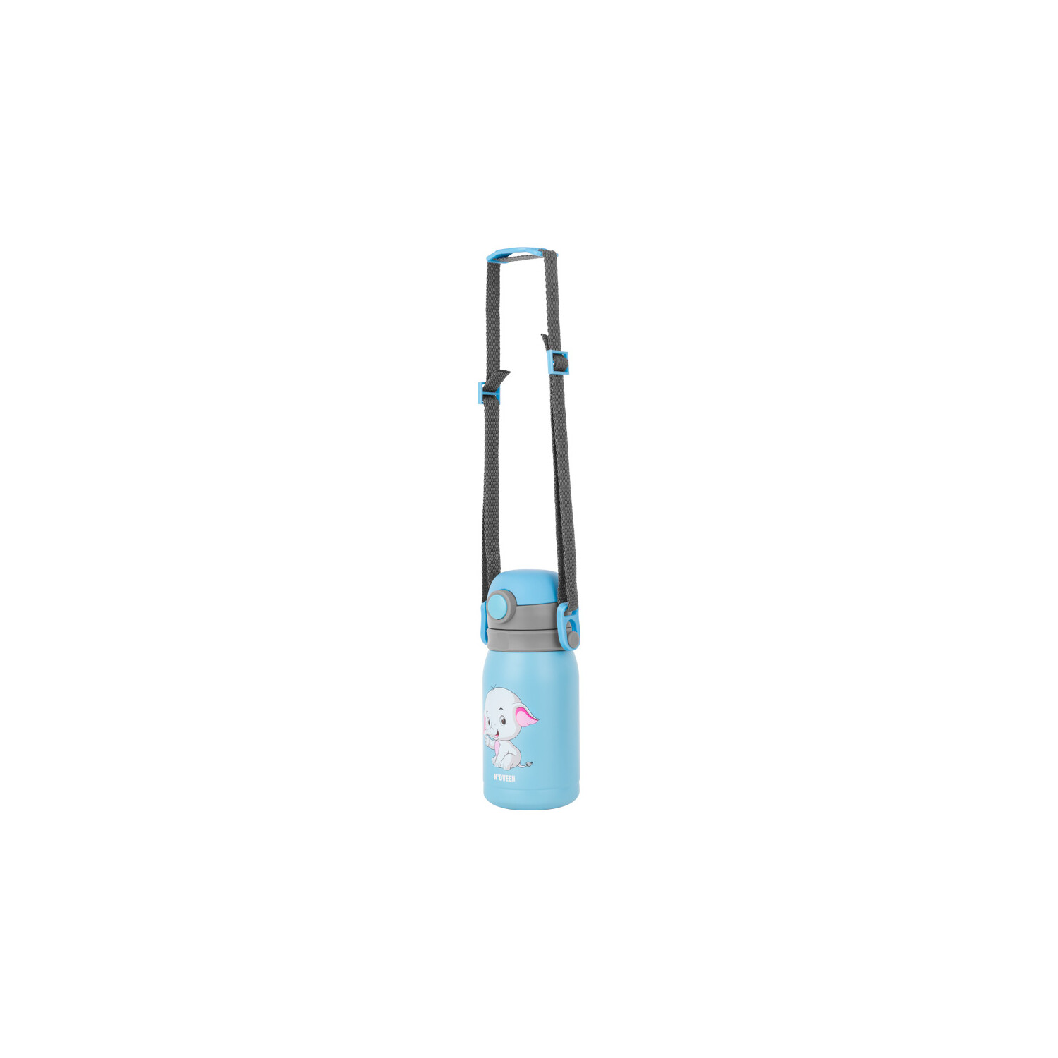 Hellblaue Wasserflasche mit Trageriemen und Elefanten-Design.