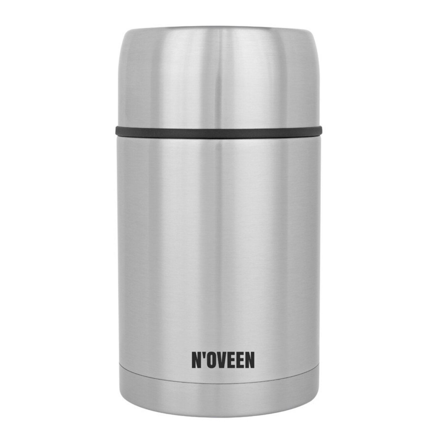 Srebrny pojemnik termiczny na żywność z czarnym pierścieniem u góry.