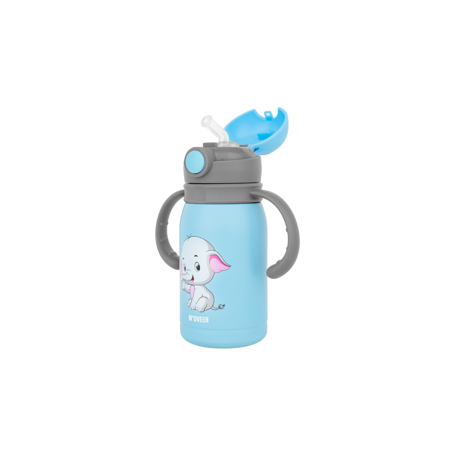 Eine blau-graue Baby-Trinkflasche mit Elefantenbild und Griffen.