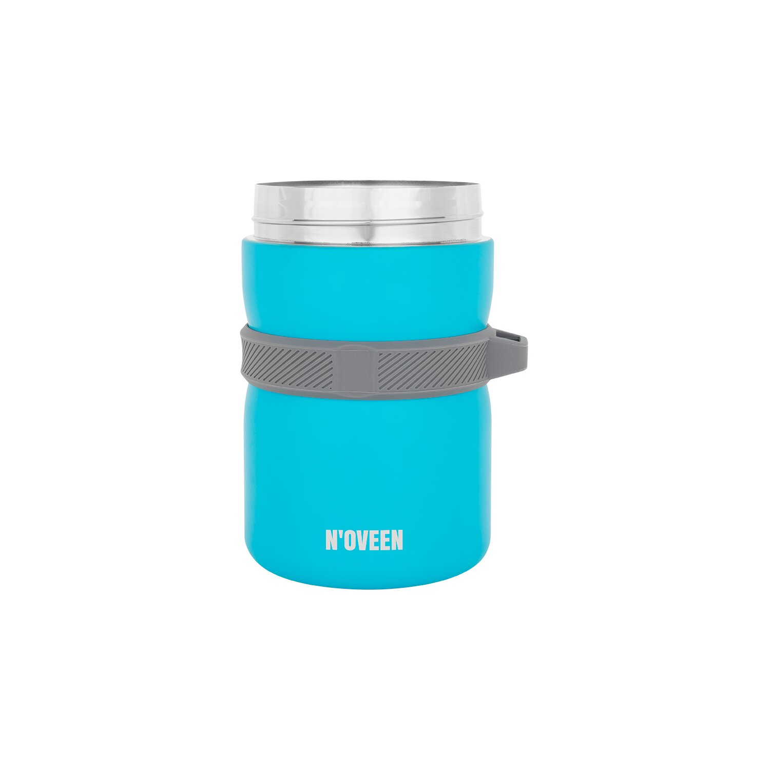 Niebieski, izolowany słoik na żywność. Słoik ma szary uchwyt i srebrną pokrywkę. Jest na białym tle.