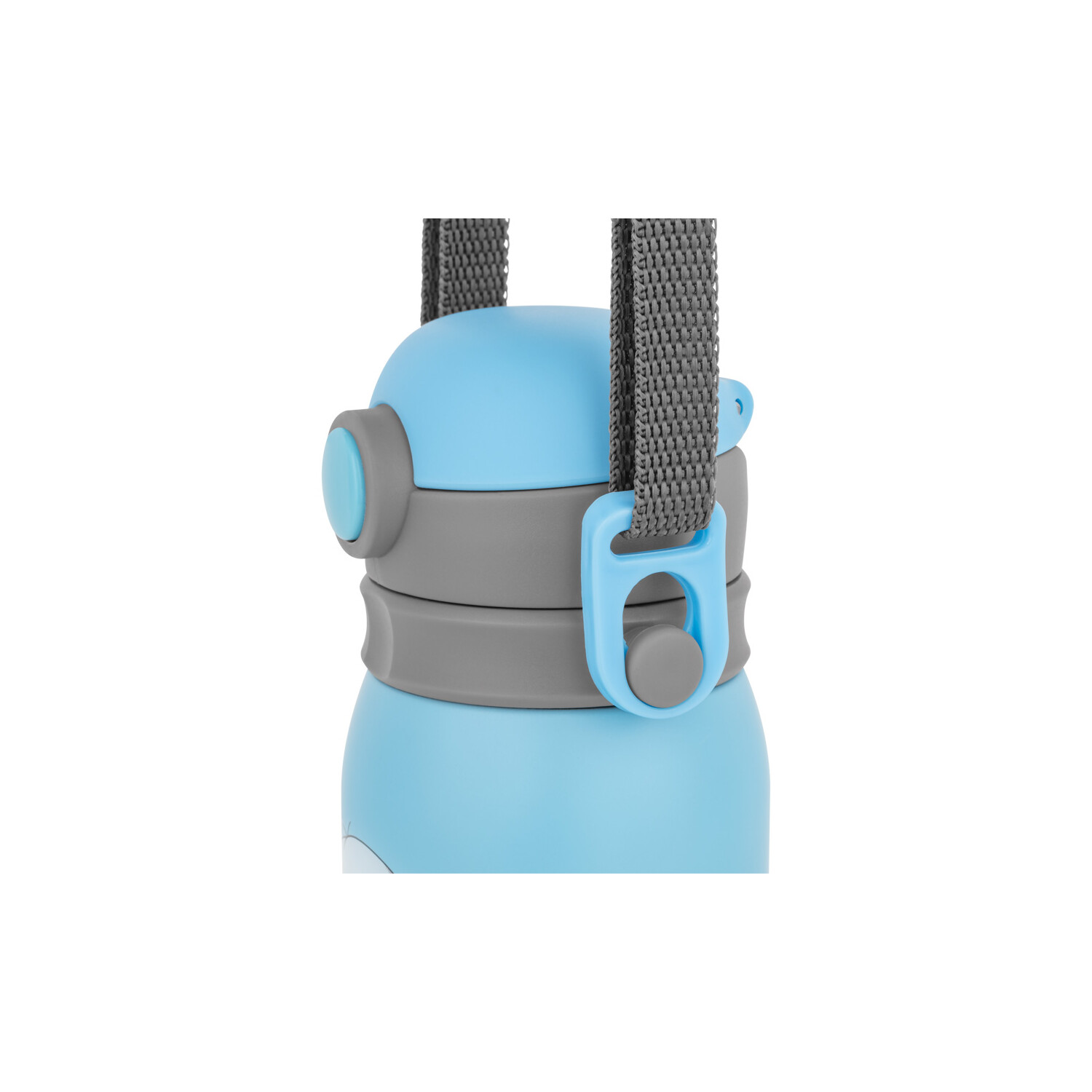 Blau-graue Wasserflasche mit Riemen und Kappendesign.
