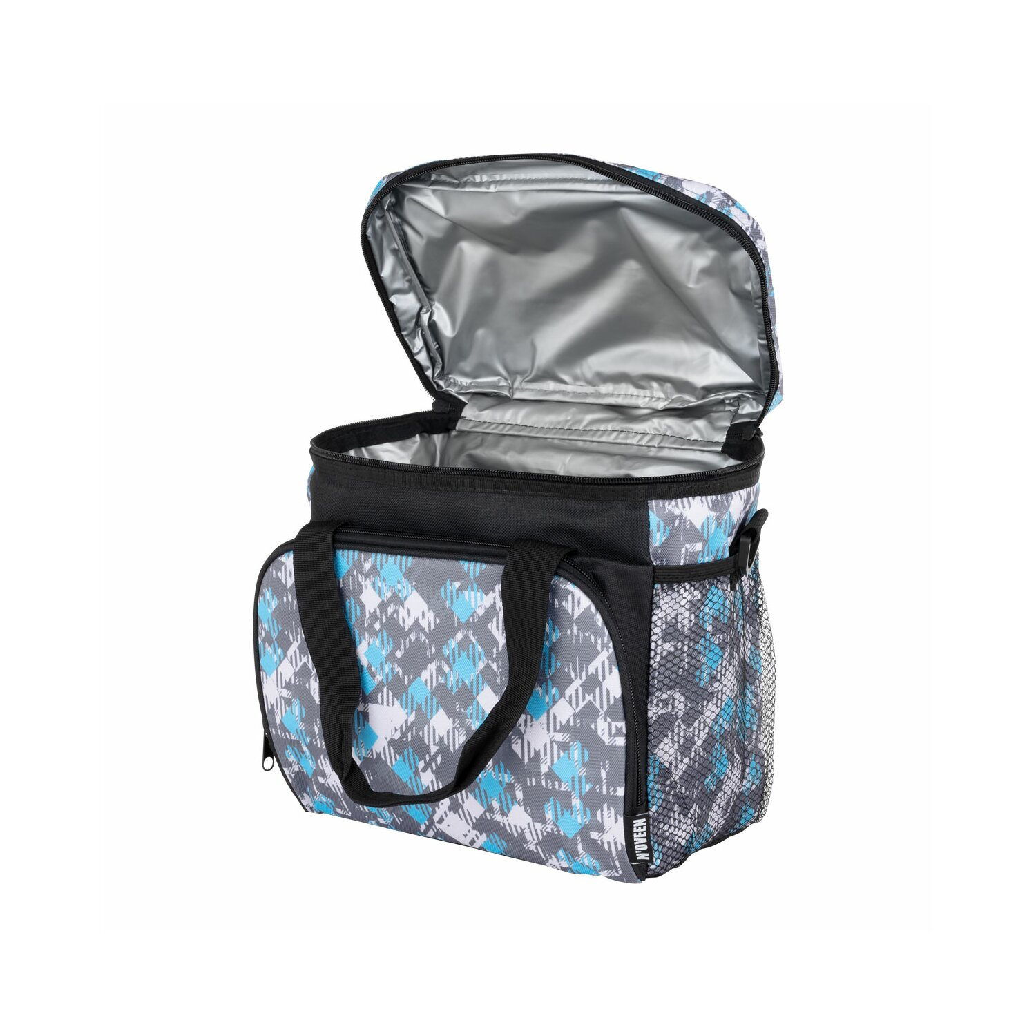 Offene, gemusterte Kühltasche mit schwarzen Griffen und Seitentasche.