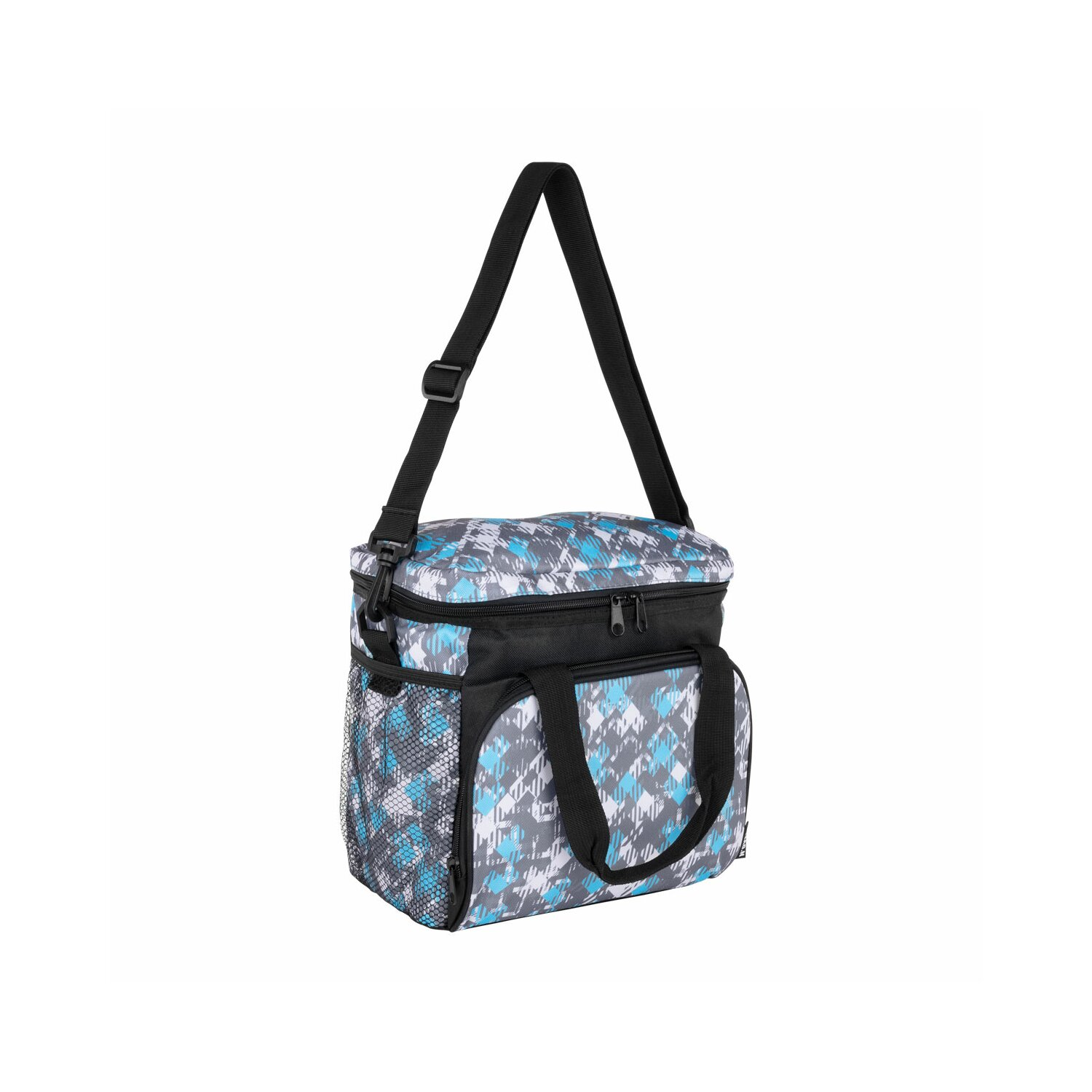 Eine blau-graue Kühltasche mit schwarzem Schultergurt und Griffen. Sie hat eine Vordertasche.