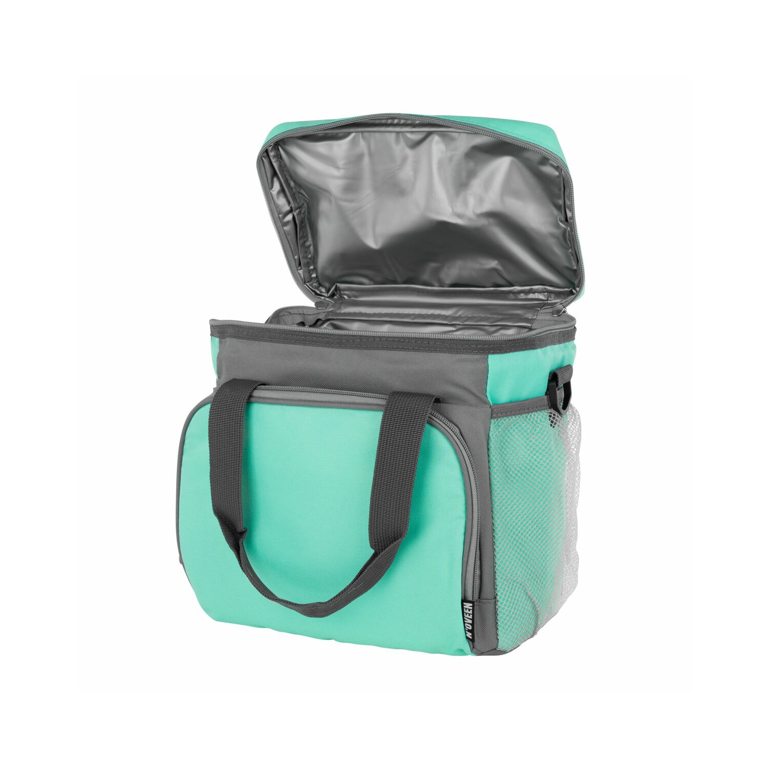 Eine offene türkis-graue Kühltasche mit Griff und einer Seitentasche aus Netzstoff. Weißer Hintergrund.