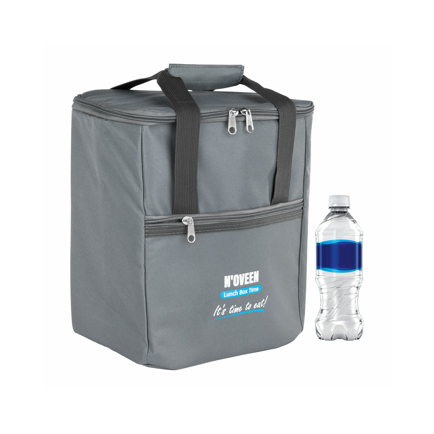 Graue Lunchtasche und Wasserflasche auf weißem Hintergrund.