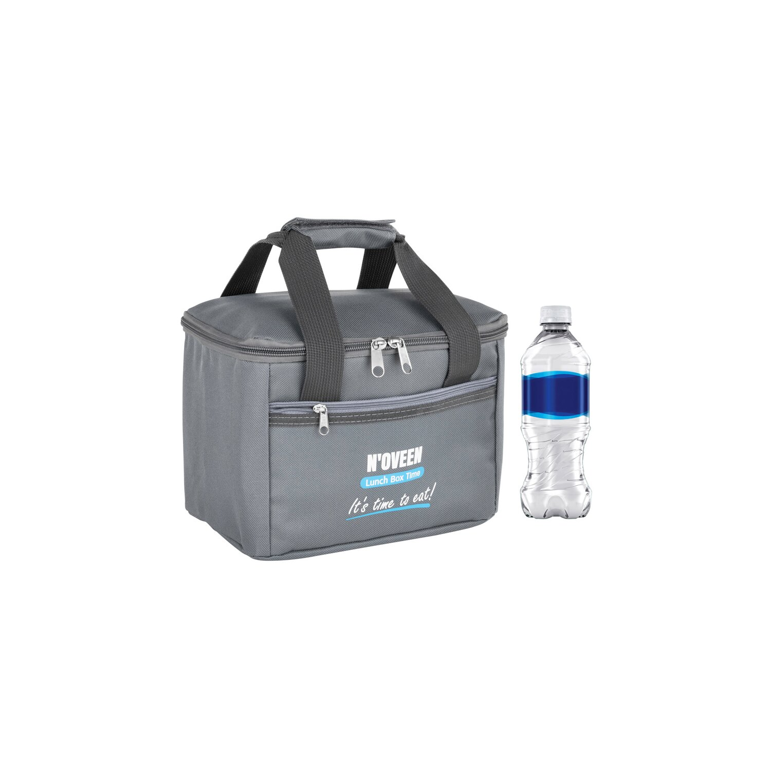 Graue Lunchtasche mit dem Text "N'OVEEN Lunch Box Time, It's time to eat!" neben einer Wasserflasche.