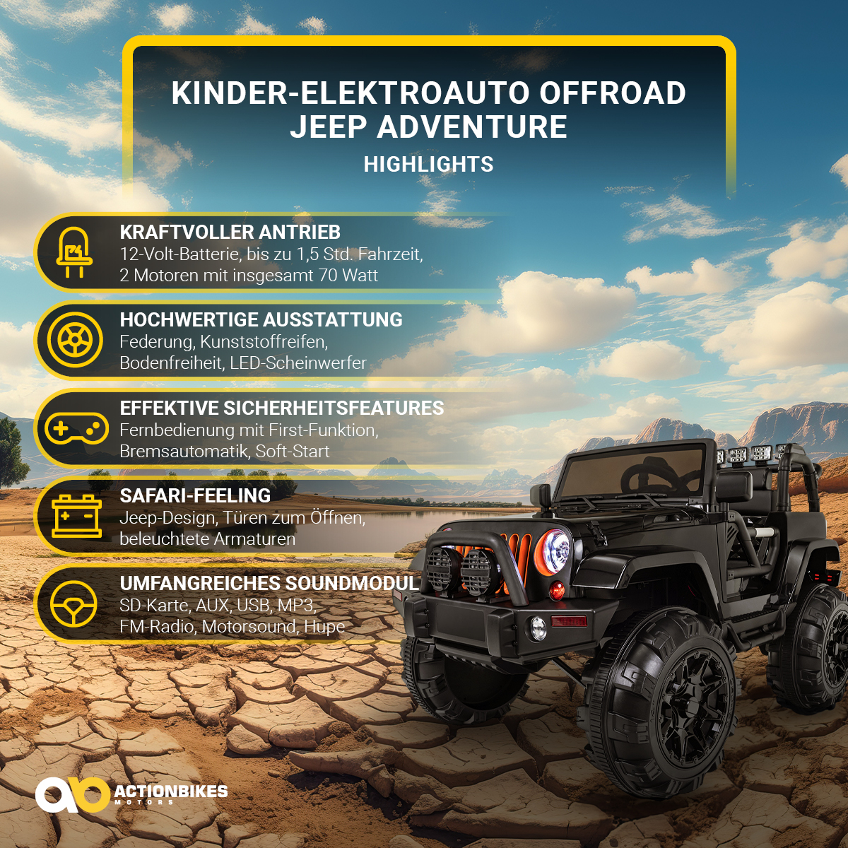 Schwarzer Spielzeug-Offroad-Jeep mit hervorgehobenen Merkmalen auf Wüstenhintergrund.