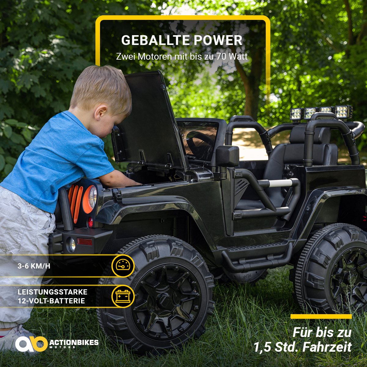 Ein Kind schaut in einen schwarzen Spielzeug-Jeep. Text auf dem Bild listet Leistungs- und Batterieinformationen auf.
