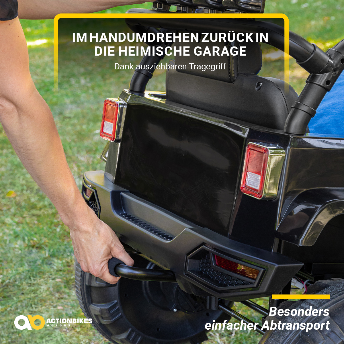Schwarzes Spielzeugauto mit einer Person, die es hält. Text zeigt einfachen Transport.