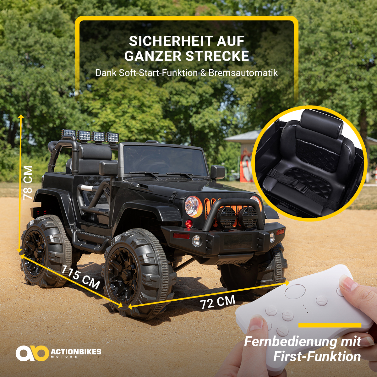 Schwarzer Spielzeug-Jeep, mit gelbem Text und einer Fernbedienung in der Hand.