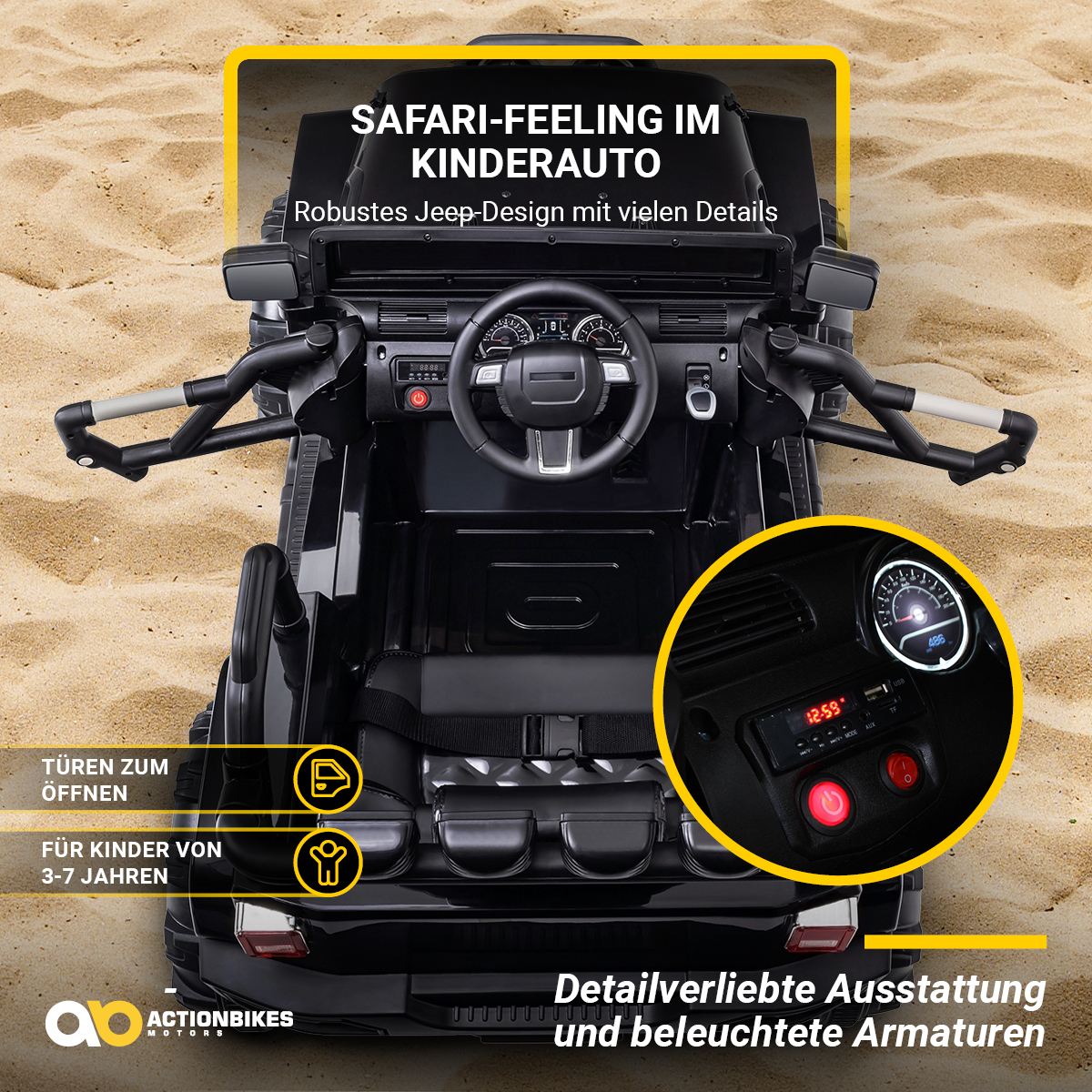 Schwarzes Spielzeugauto mit detailliertem Innenraum und Nahaufnahme des Armaturenbretts. Sandiger Hintergrund.