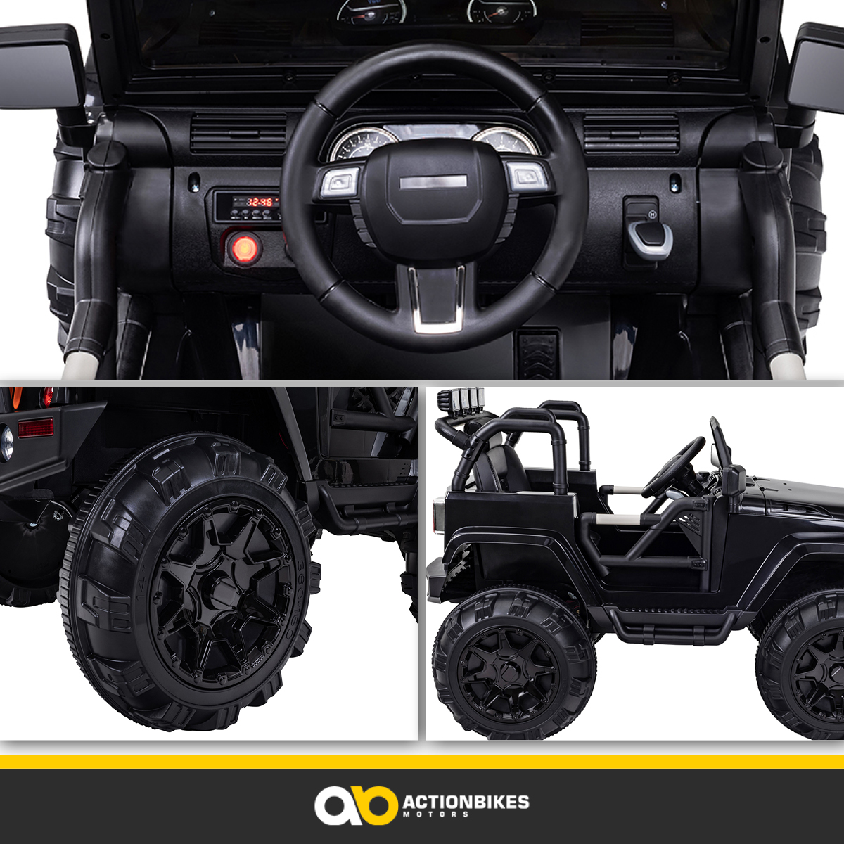 Schwarzer Spielzeug-Jeep. Armaturenbrett, Räder und Seitenansicht des Autos mit dem Actionbikes-Logo.