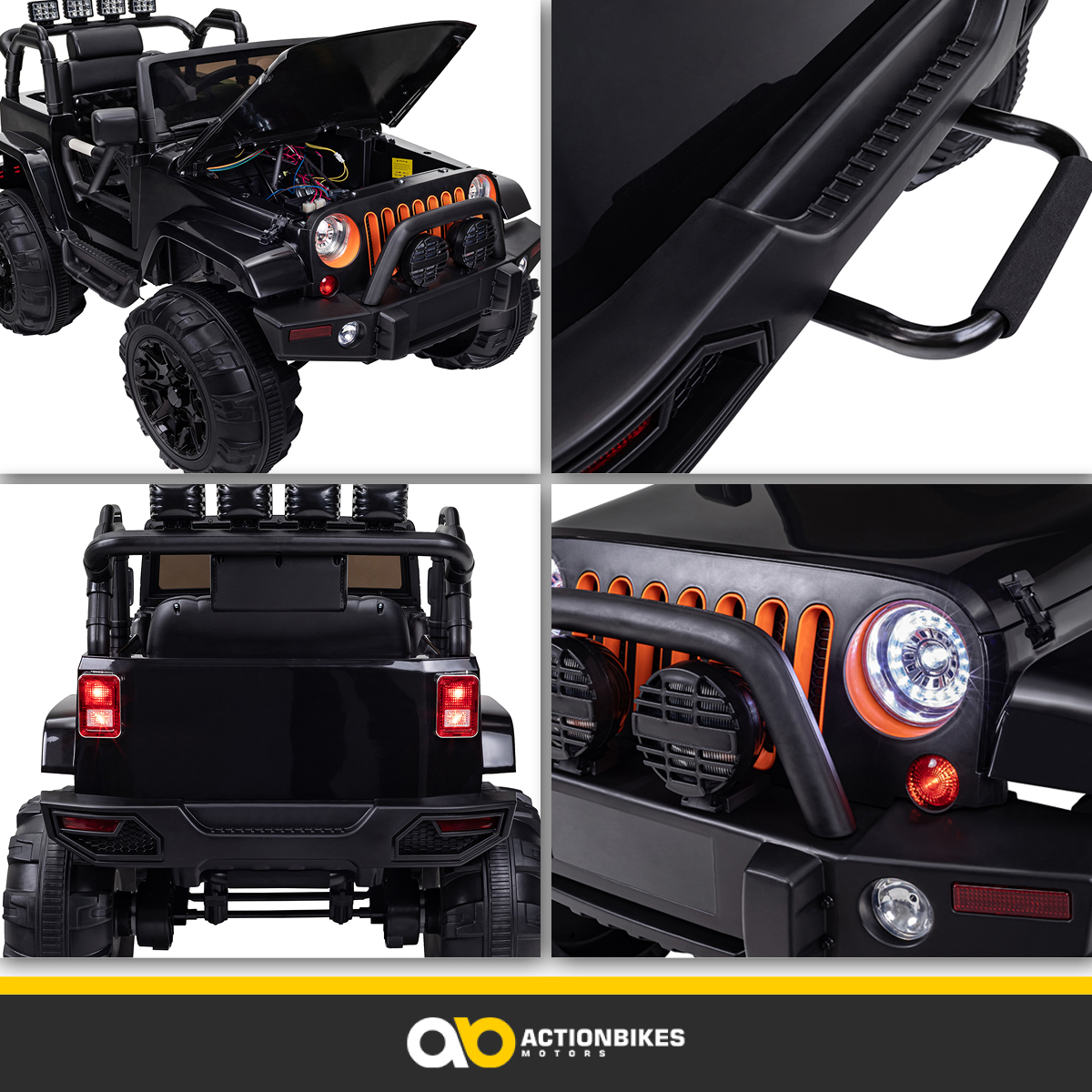 Ein schwarzes Spielzeugauto mit Details von Scheinwerfern, Kühlergrill und Rücklichtern.
