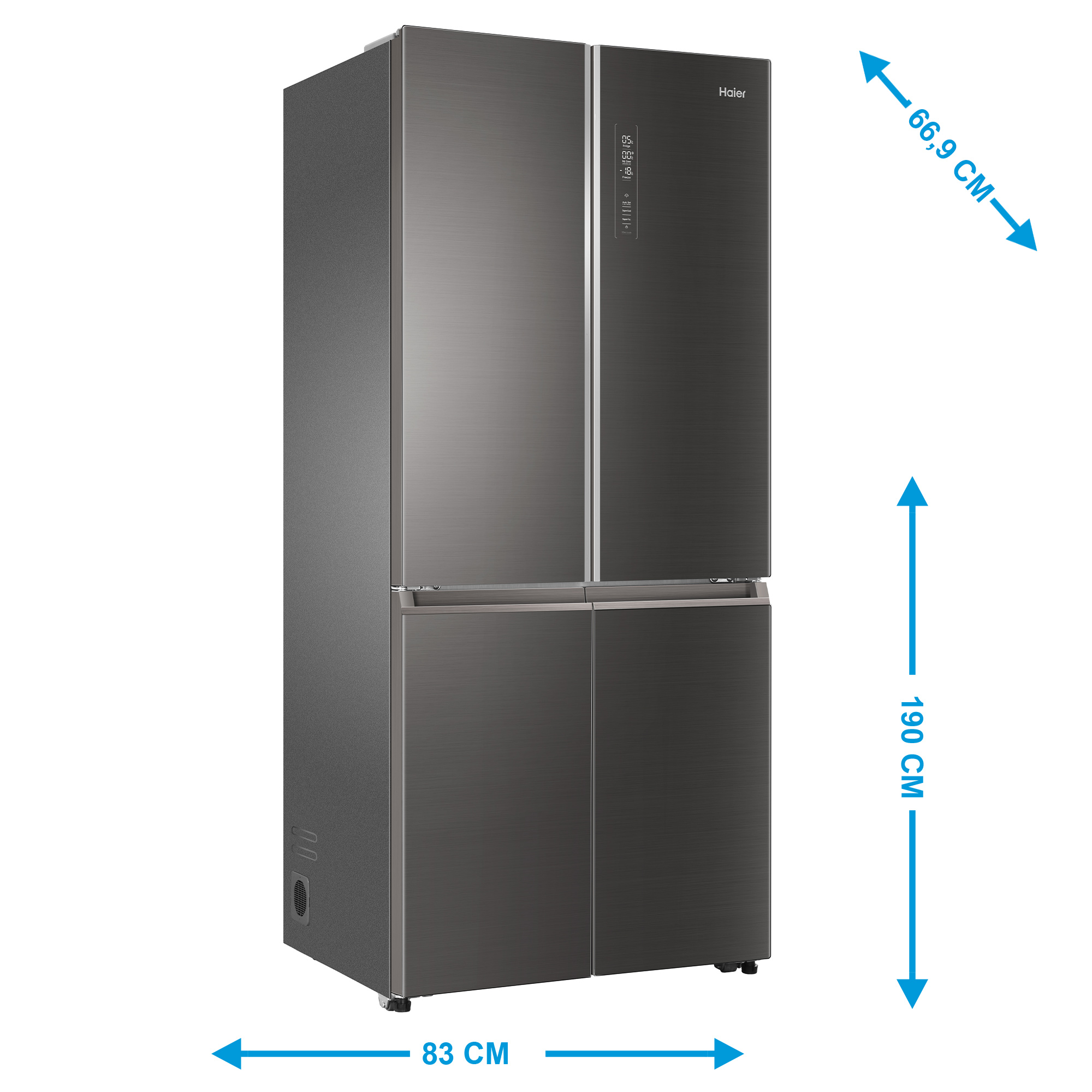 Schwarzer Haier-Kühlschrank mit angegebenen Abmessungen.