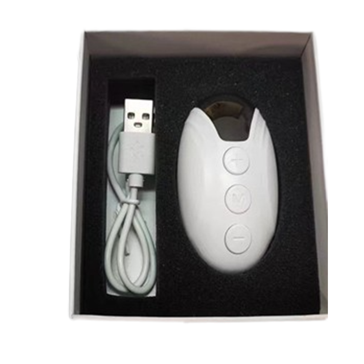 Weißes Gerät mit USB-Kabel in einer Box. Gerät hat drei Knöpfe. Die Box ist weiß mit schwarzem Innenraum.