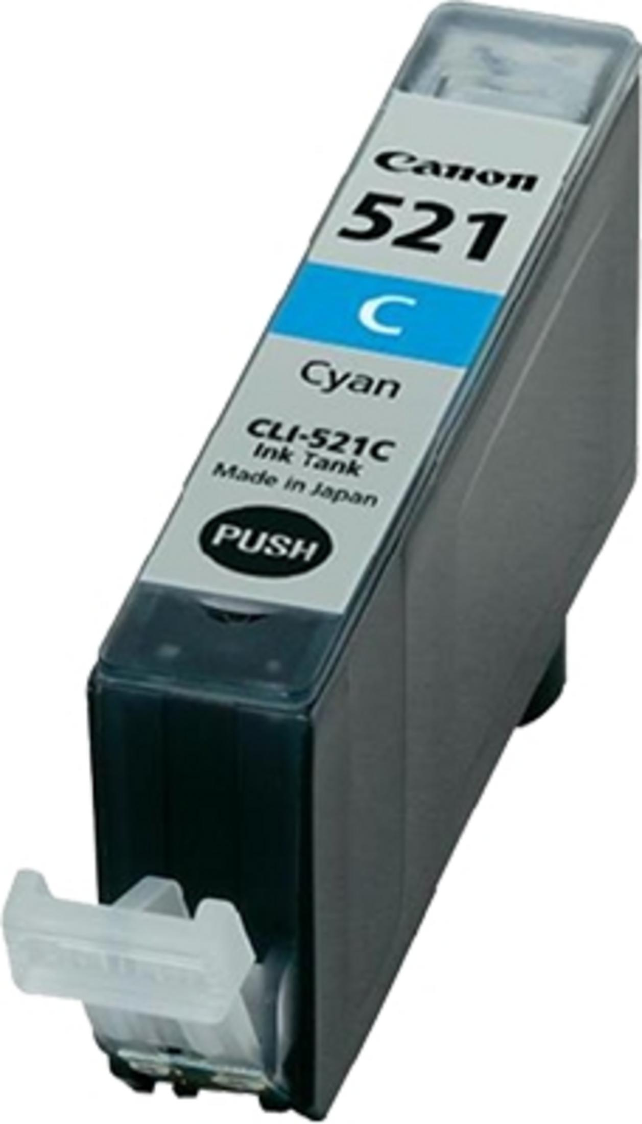 Een cyaan Canon-inktcartridge met het label '521 C'. De cartridge is zwart.