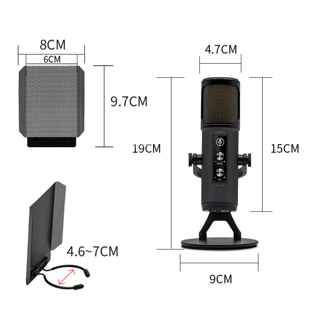 Schwarzes Mikrofon und Pop-Filter, mit Abmessungen und weißem Hintergrund.