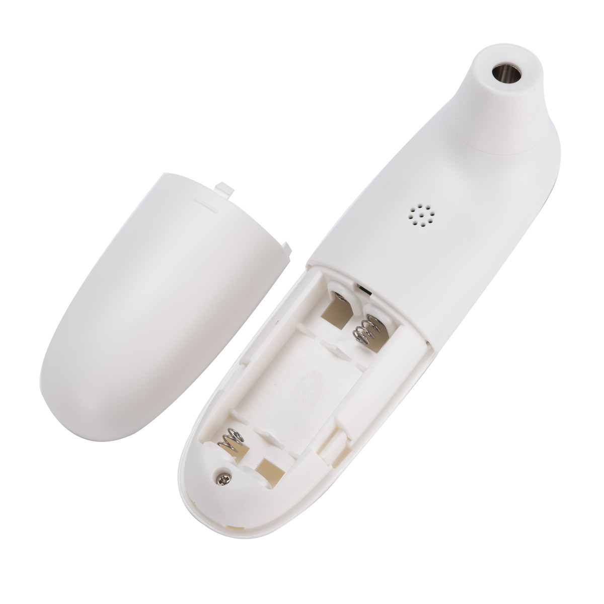 Weißes digitales Thermometer, geöffnet, um das Batteriefach zu zeigen.