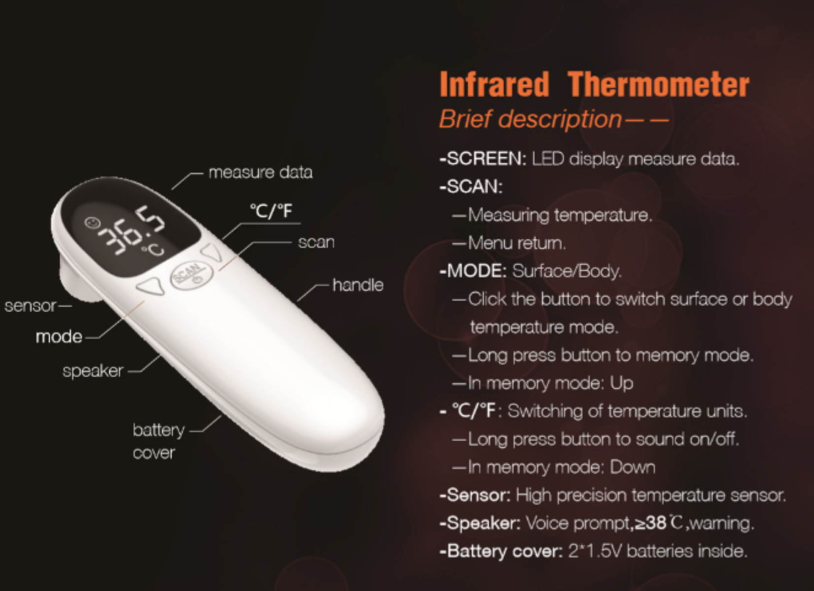 Ein Infrarot-Thermometer mit Kurzbeschreibungen, einem Sensor und einer Anzeige, die eine Temperatur zeigt.