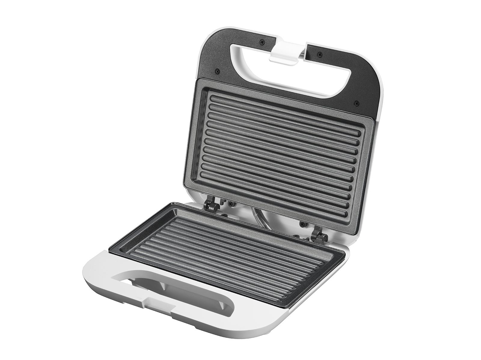 Otwarta biała opiekacz do kanapek z żebrowanymi płytami, odizolowany na białym tle.