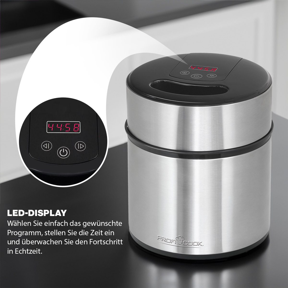 Stalowy pojemnik na żywność z czarną pokrywą. Wyświetlacz pokazuje 44:58. Tekst: "LED-DISPLAY".