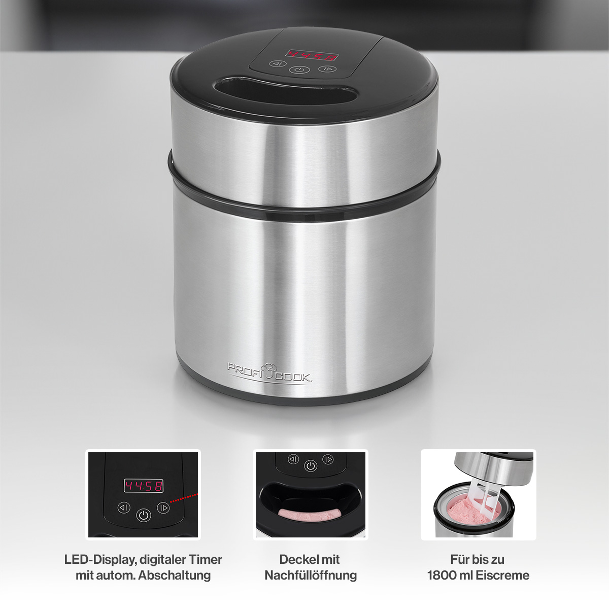 Srebrno-czarna maszyna do lodów z cyfrowym wyświetlaczem, pokrywą i lodami w środku.