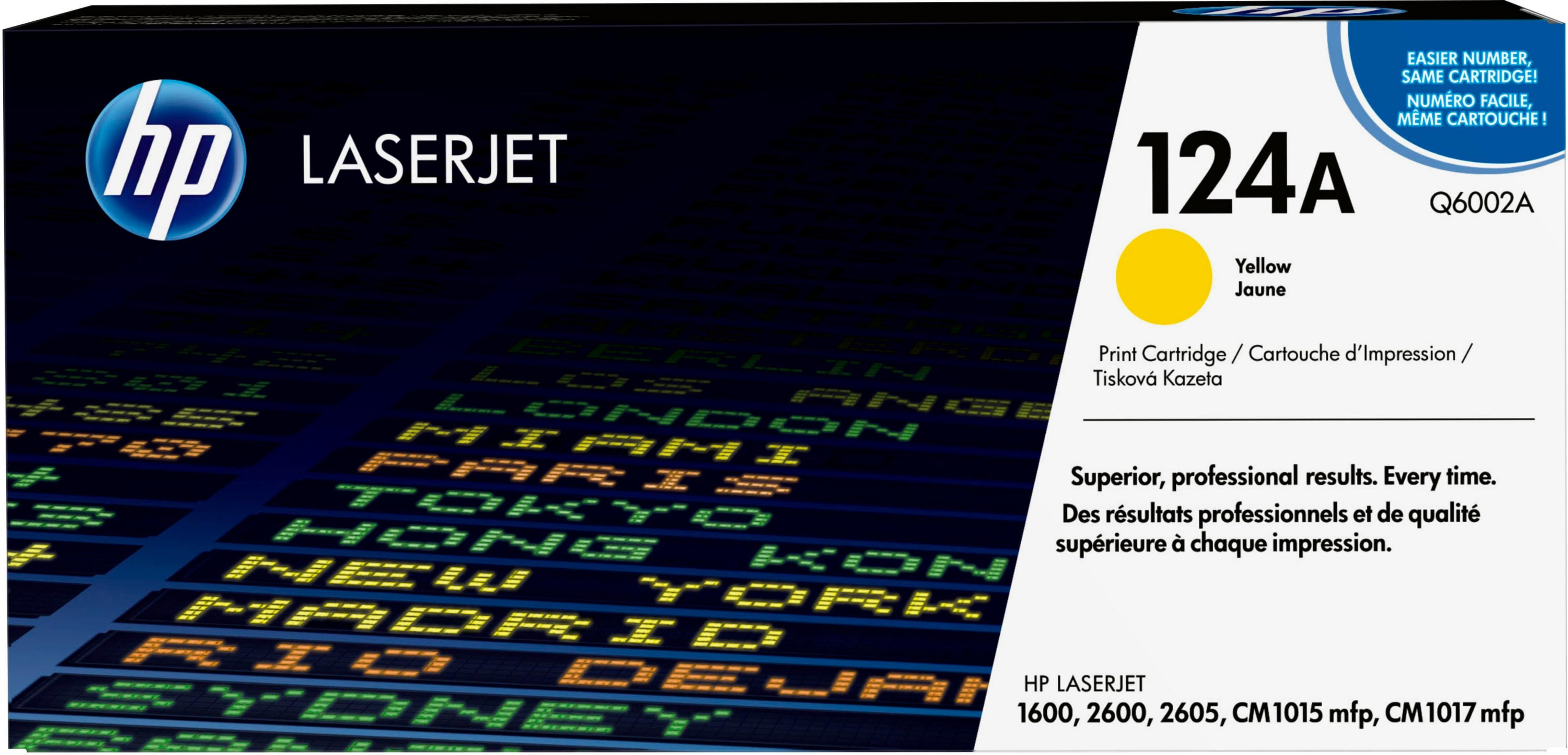 Yellow ink cartridge box with text in multiple languages. The box shows flight destinations.