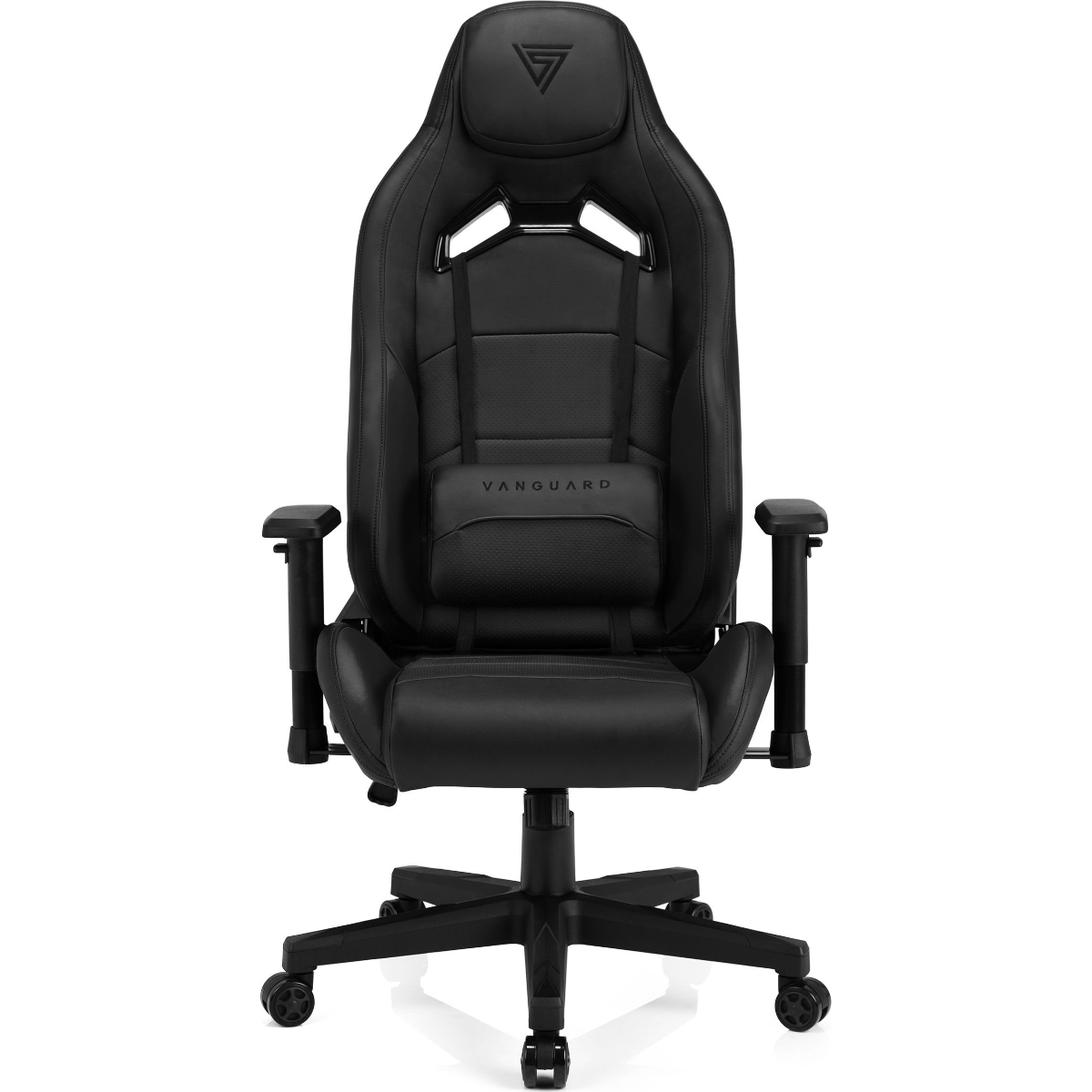Schwarzer Gaming-Stuhl mit VANGUARD auf dem Rücken. Der Stuhl hat ein Sternfuß.