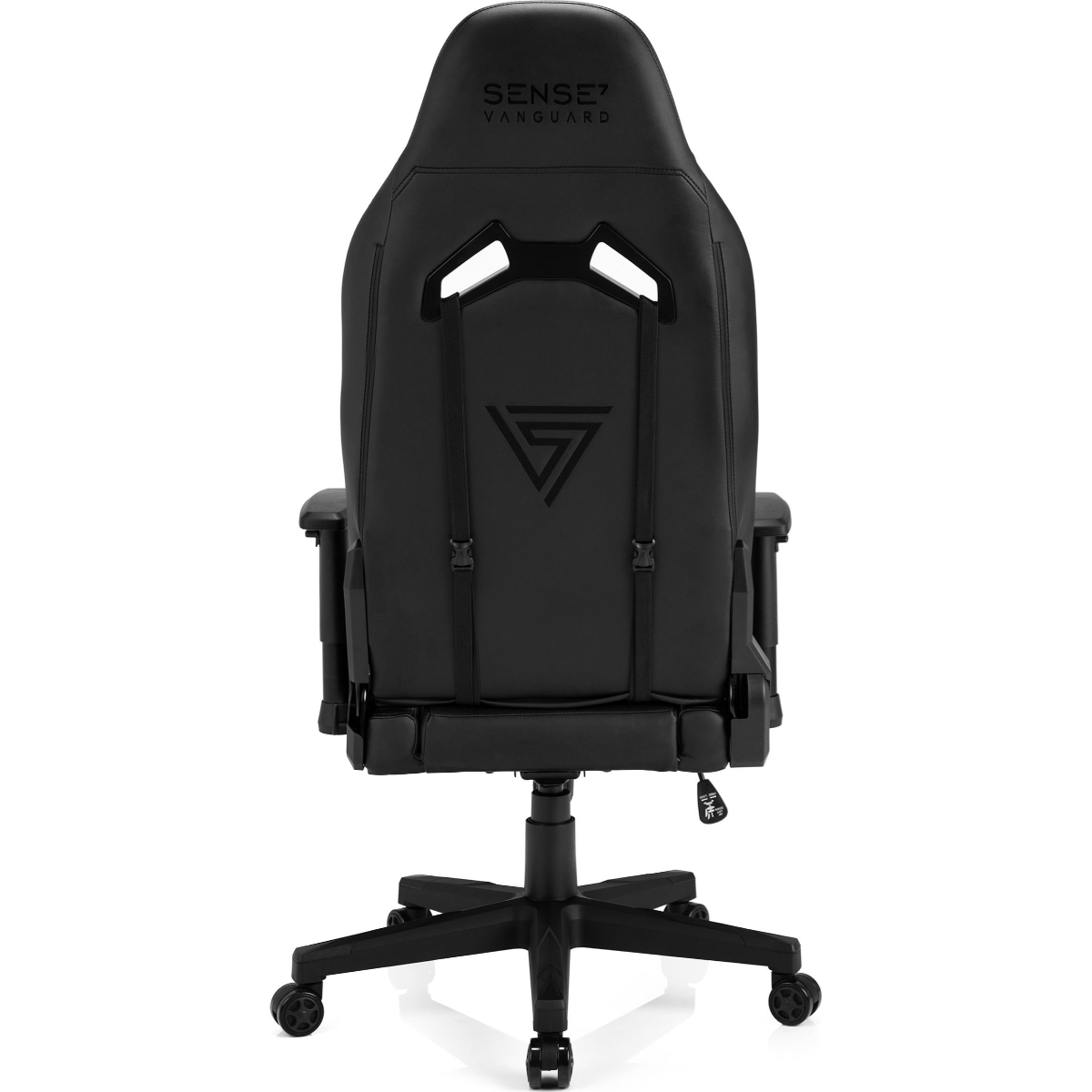 Schwarzer Gaming-Stuhl mit verstellbaren Funktionen, von hinten gesehen.