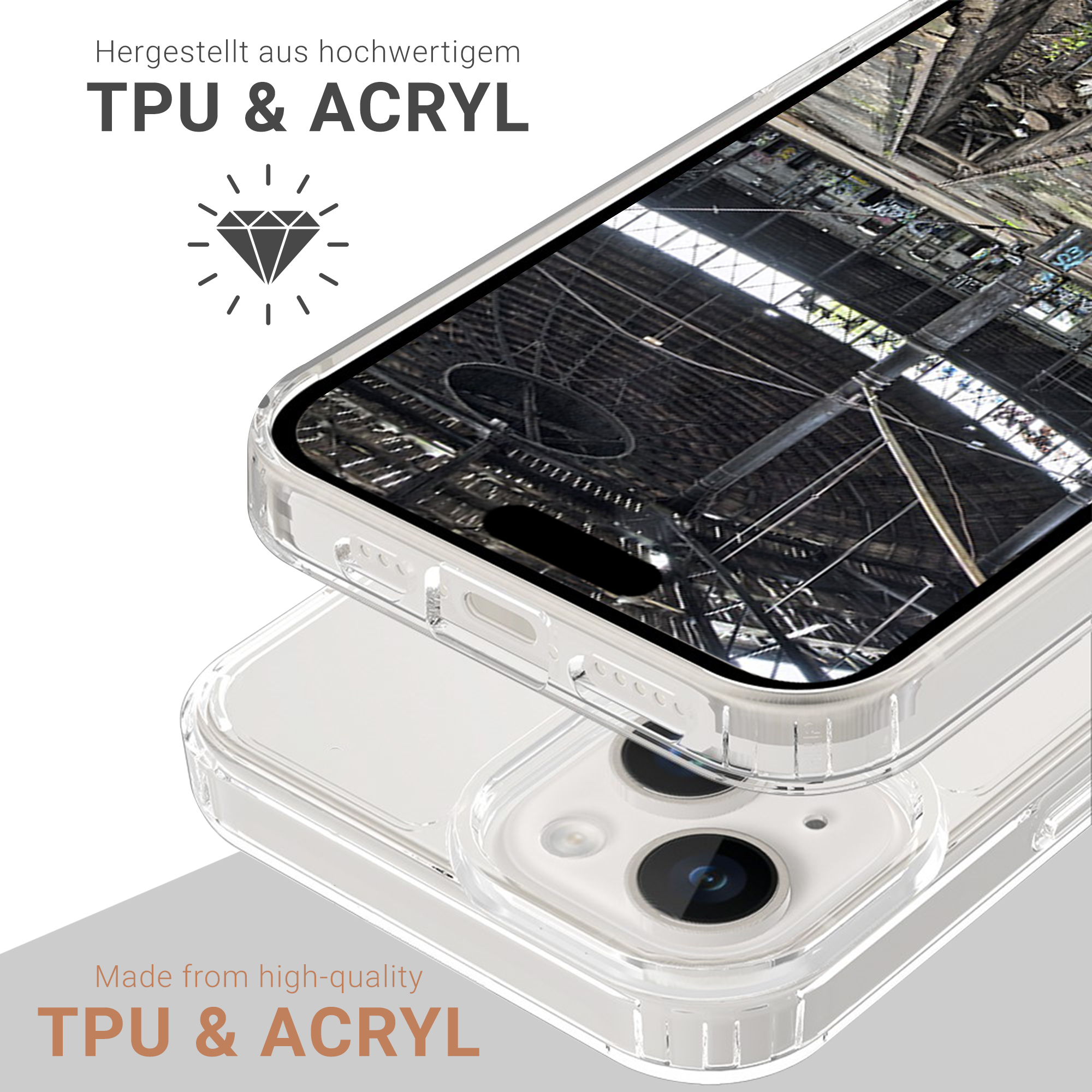Transparente Handyhülle auf einem Telefon. Text lautet: TPU & ACRYL. Das Bild ist aus hochwertigem Material.