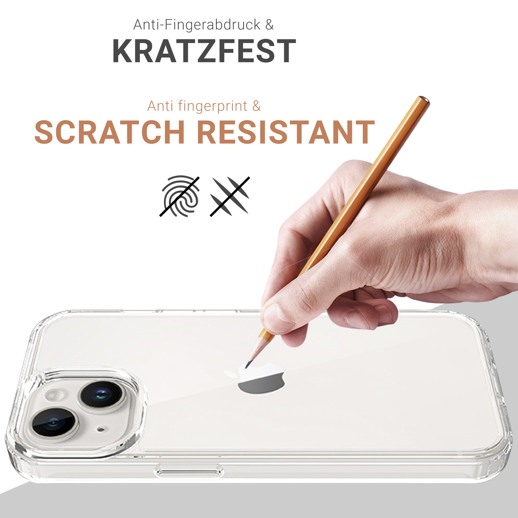 Hand mit Bleistift, der auf eine transparente Handyhülle mit Text und Symbolen schreibt.