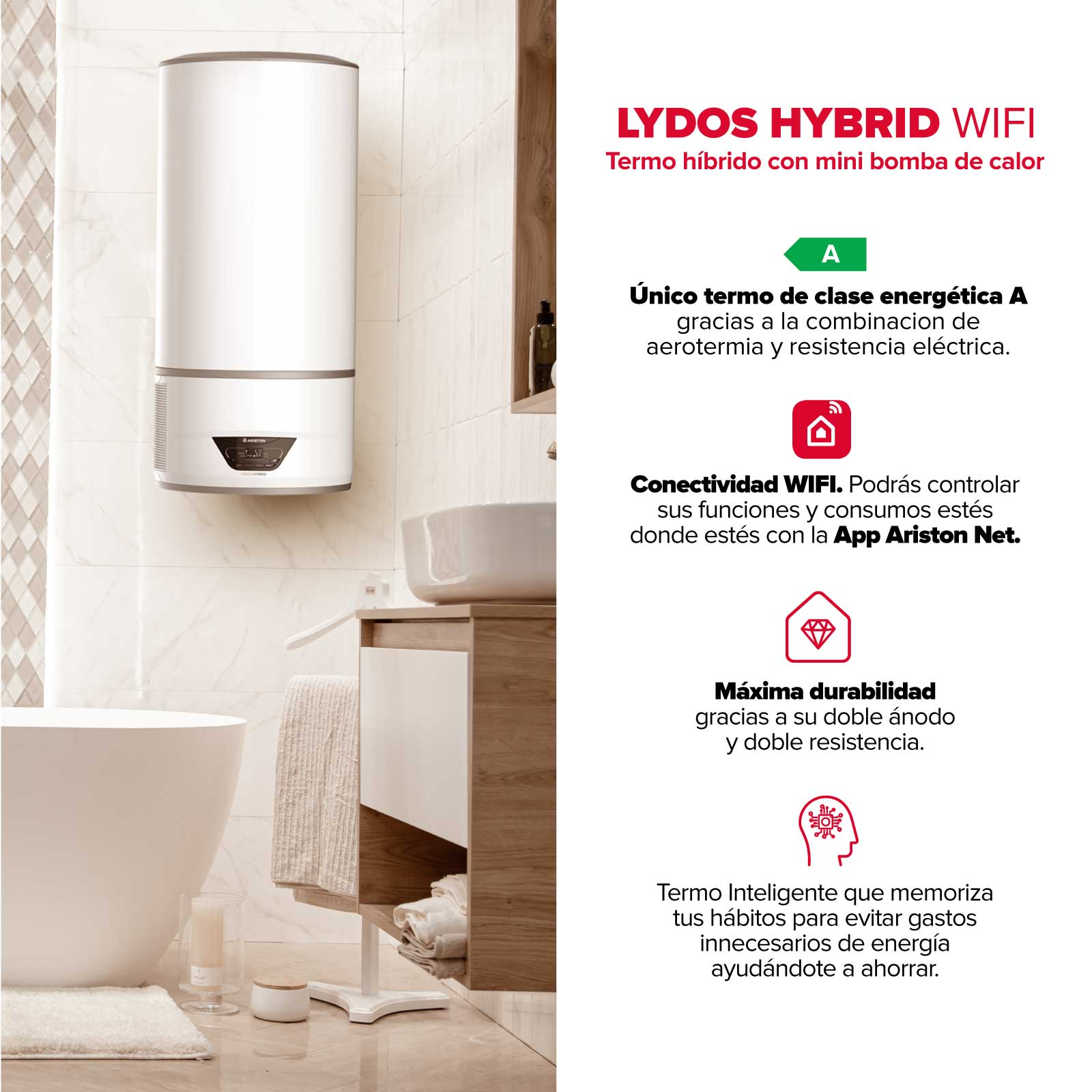 Un calentador de agua blanco instalado en una pared de baño. El texto en español explica las características y la eficiencia energética.