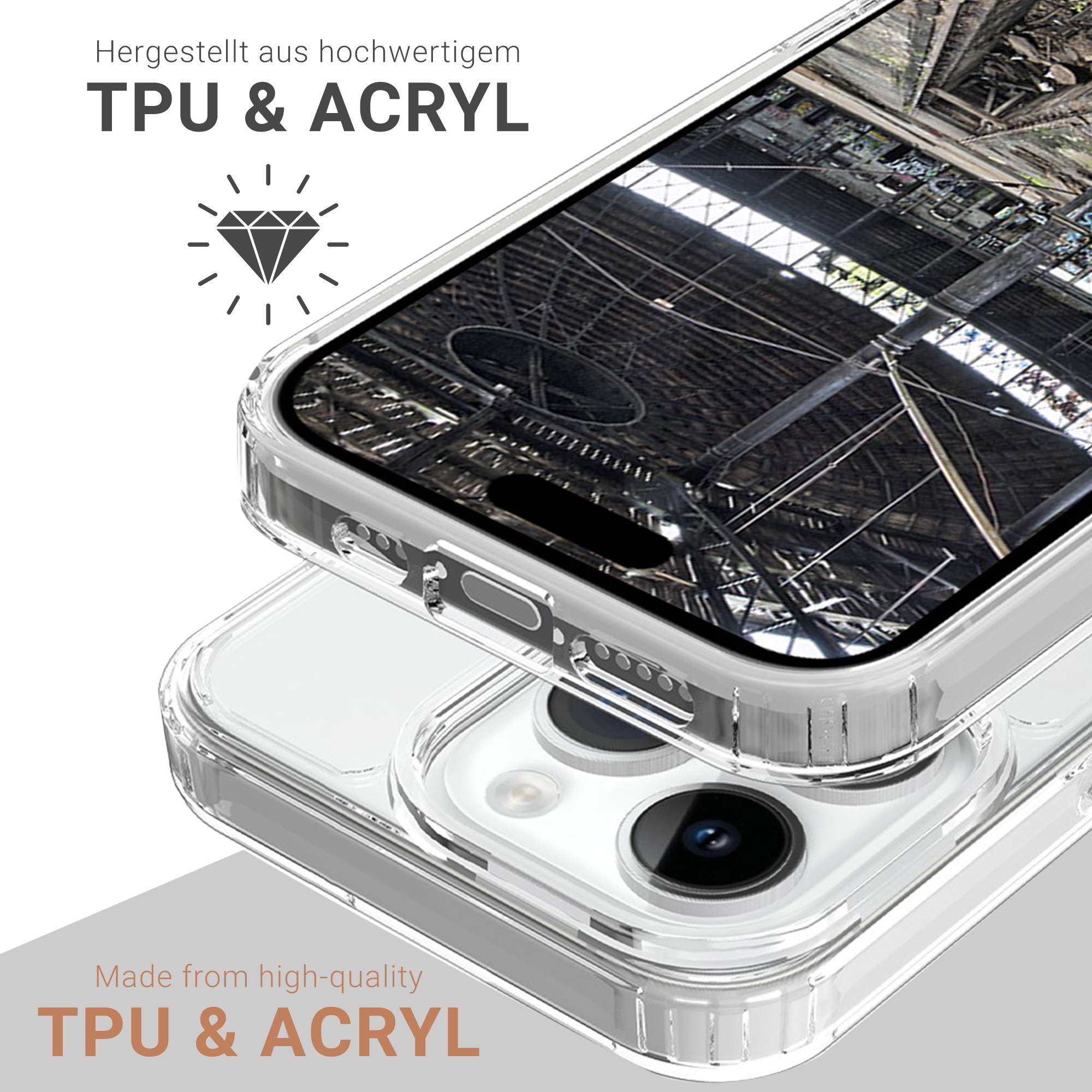 Handyhülle mit Telefon und Text 'TPU & ACRYL'. Die Hülle ist klar, der Hintergrund unscharf.