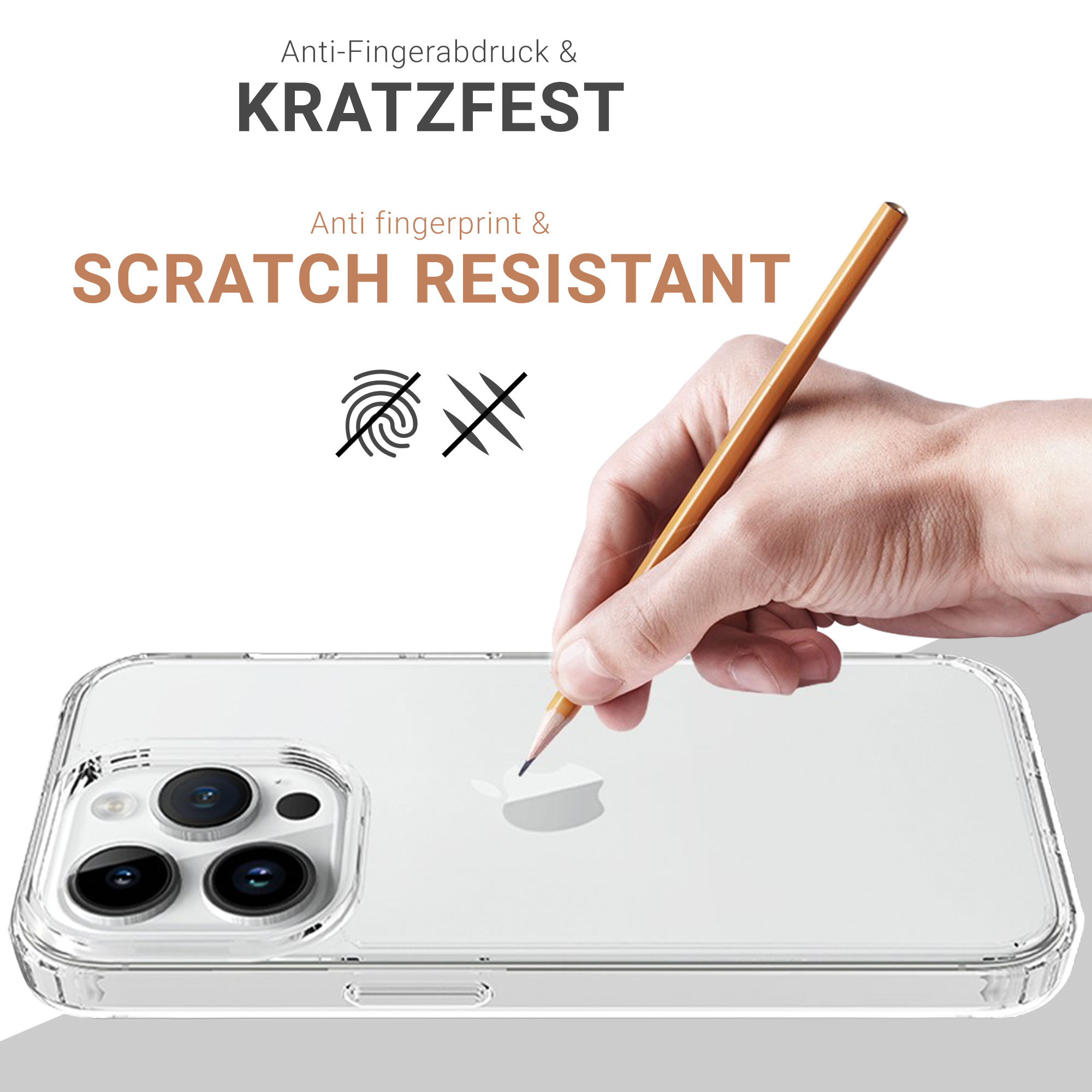 Eine transparente Handyhülle, die von einem Bleistift berührt wird. Der Text lautet 