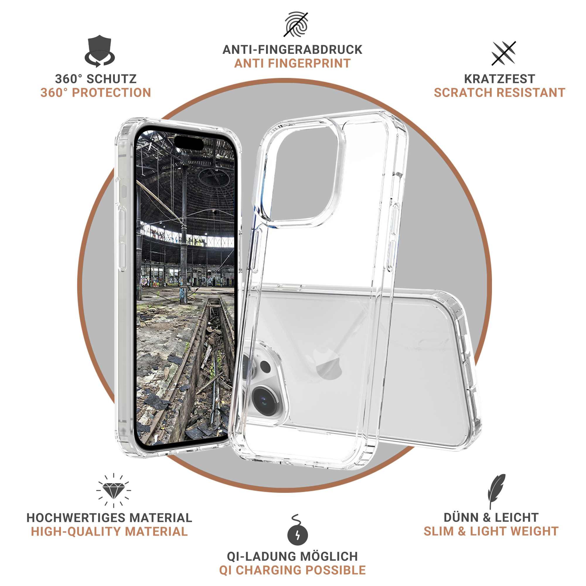 Eine transparente Handyhülle mit Telefon, mit Funktionen: 360° Schutz, Anti-Fingerabdruck.