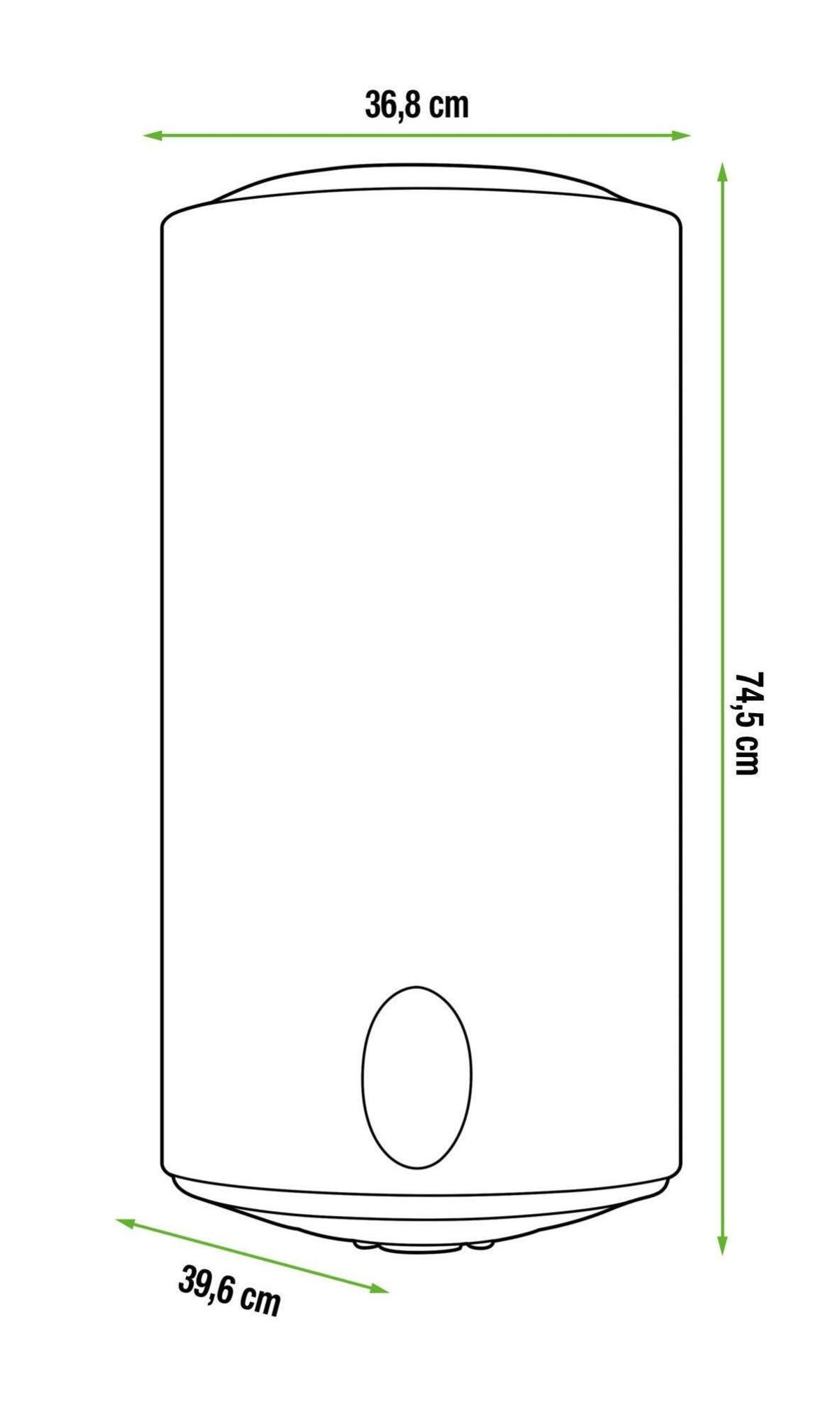 Dibujo lineal de un calentador de agua blanco. Dimensiones: 36,8 cm ancho, 74,5 cm alto, 39,6 cm profundo.