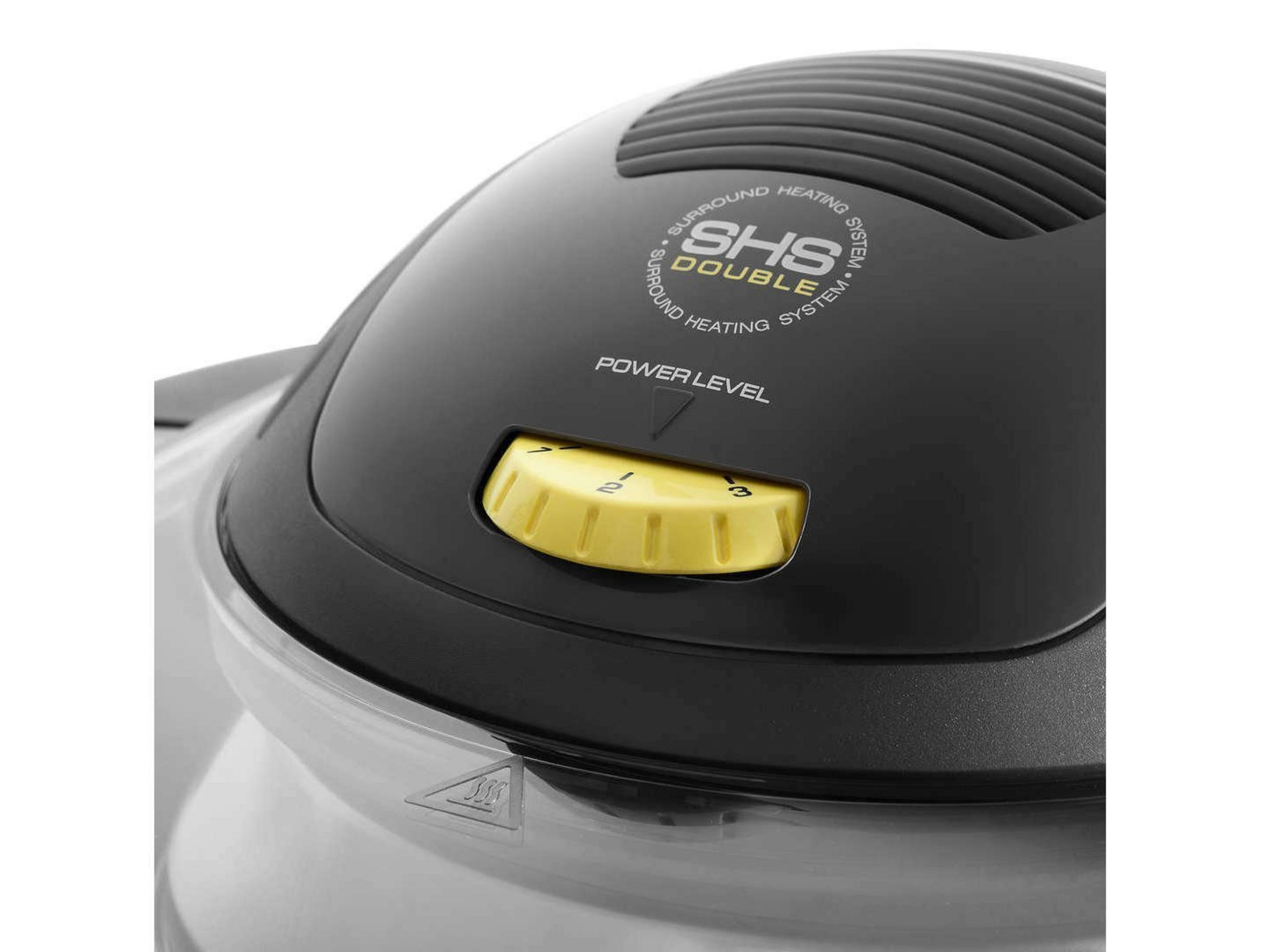 Un electrodoméstico negro con un dial amarillo. El texto "SHS DOUBLE" es visible.