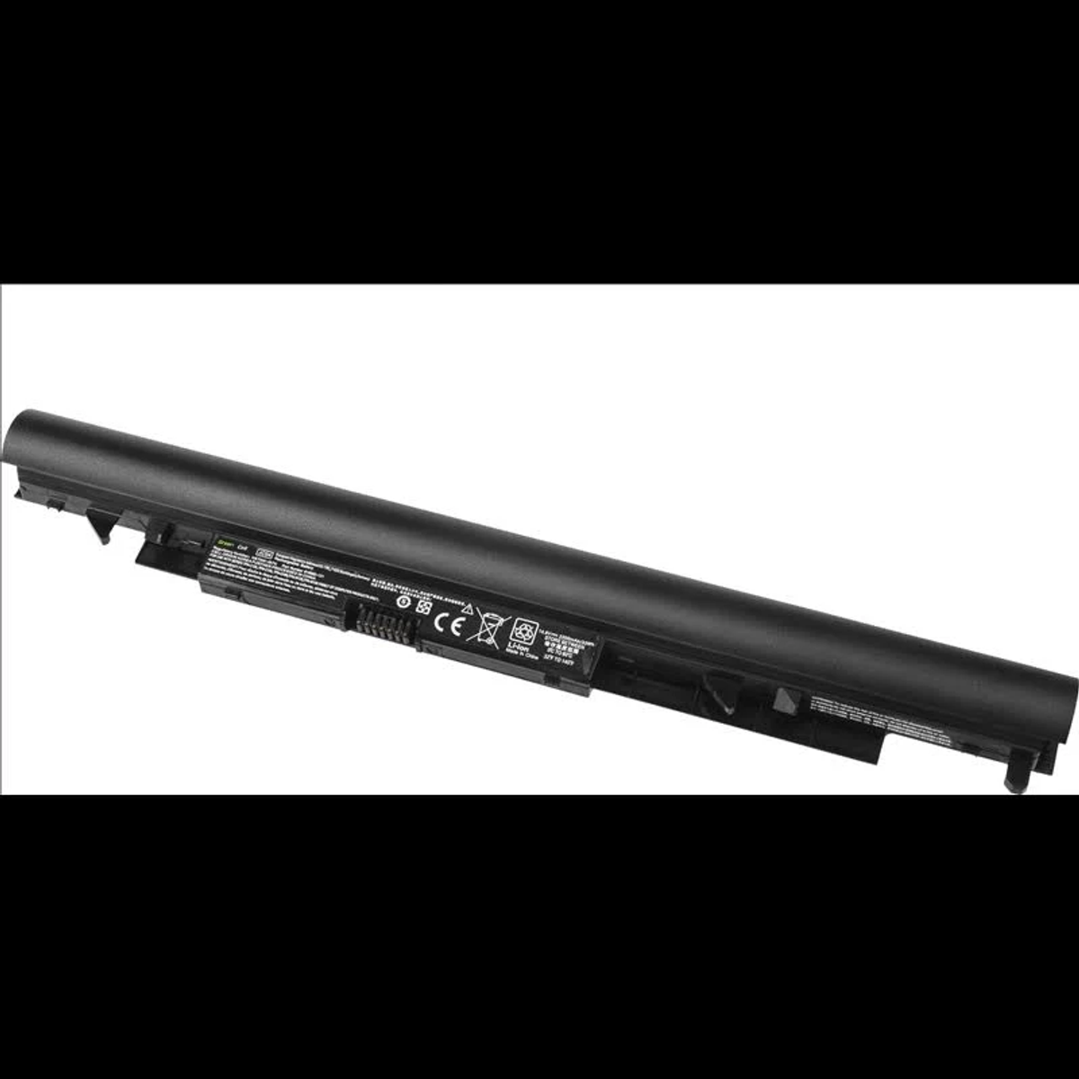 Czarna bateria do laptopa z symbolami CE i recyklingu.