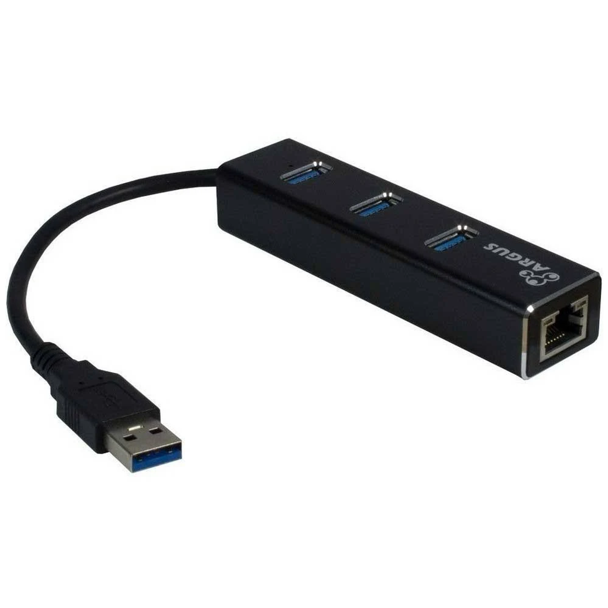 Hub USB nero con 3 porte, una porta Ethernet e un cavo USB. Sfondo bianco.