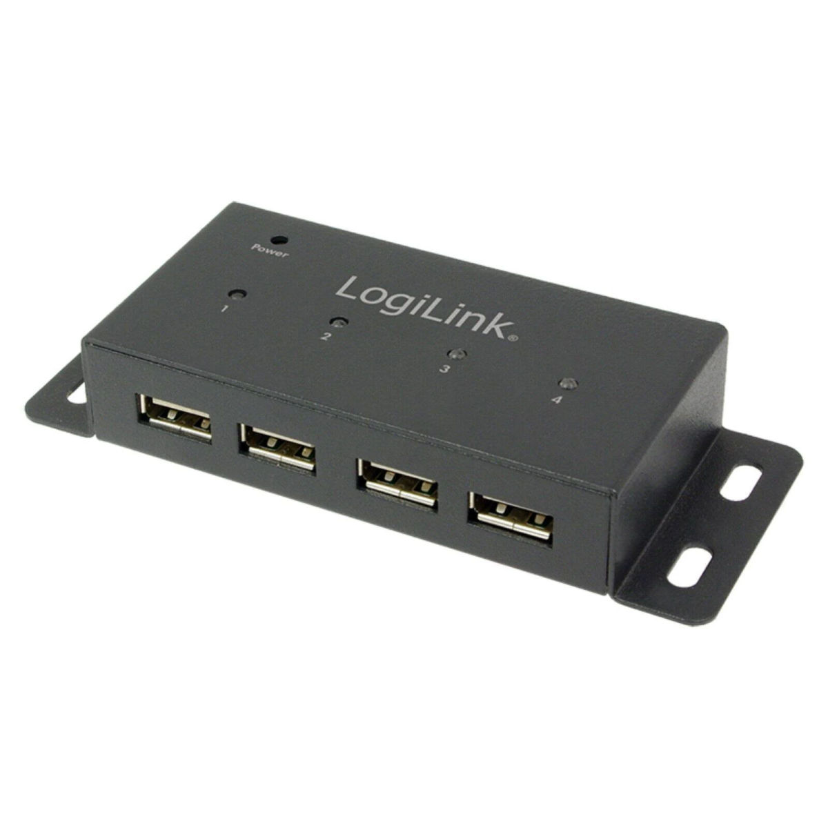 Un hub USB LogiLink nero con quattro porte USB, su sfondo bianco.