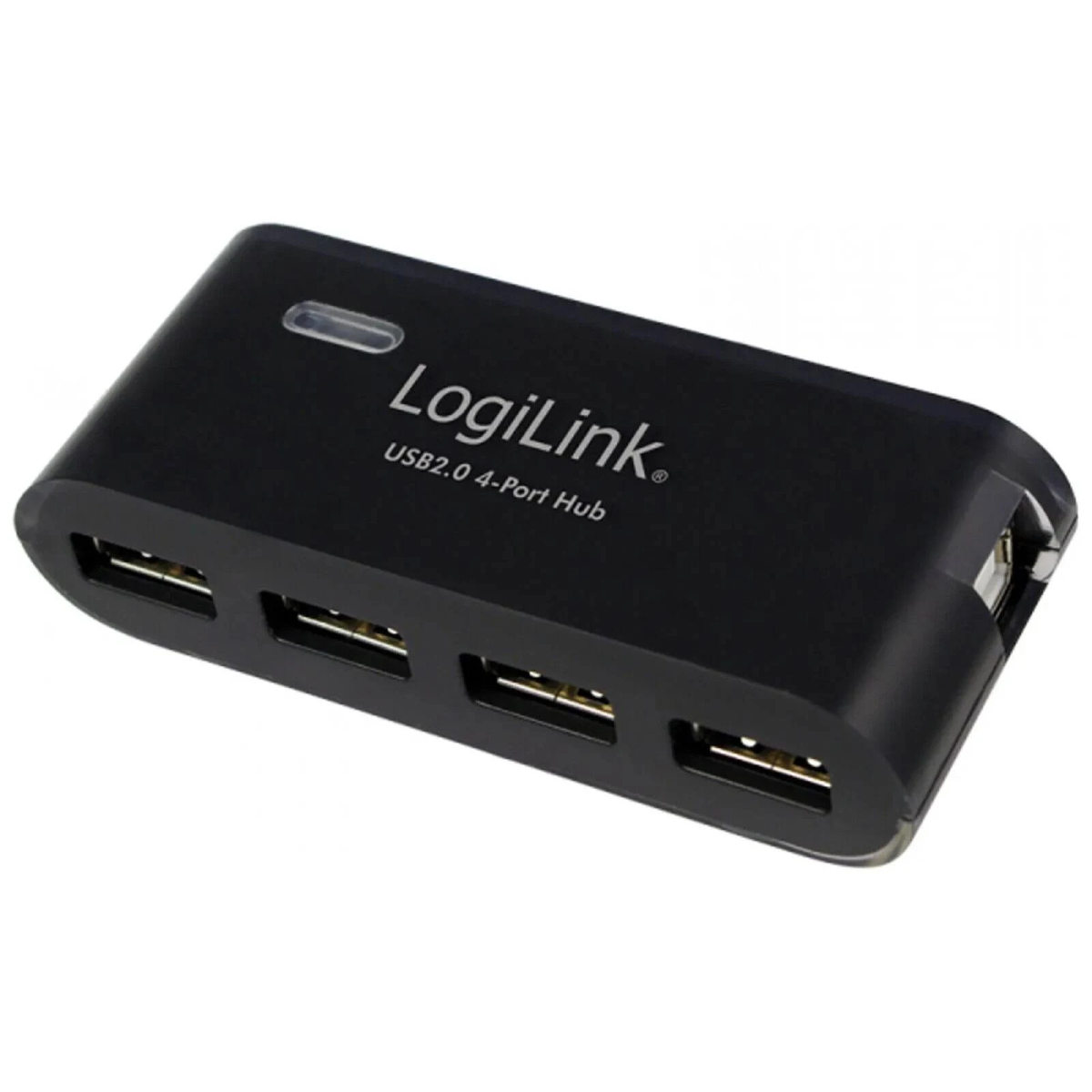 Un hub USB 2.0 LogiLink nero a 4 porte. Ha quattro porte USB e una piccola spia.