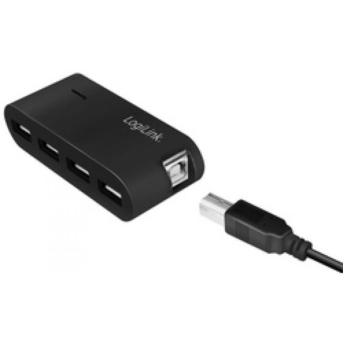 Un hub USB nero con diverse porte USB e un cavo USB collegato.