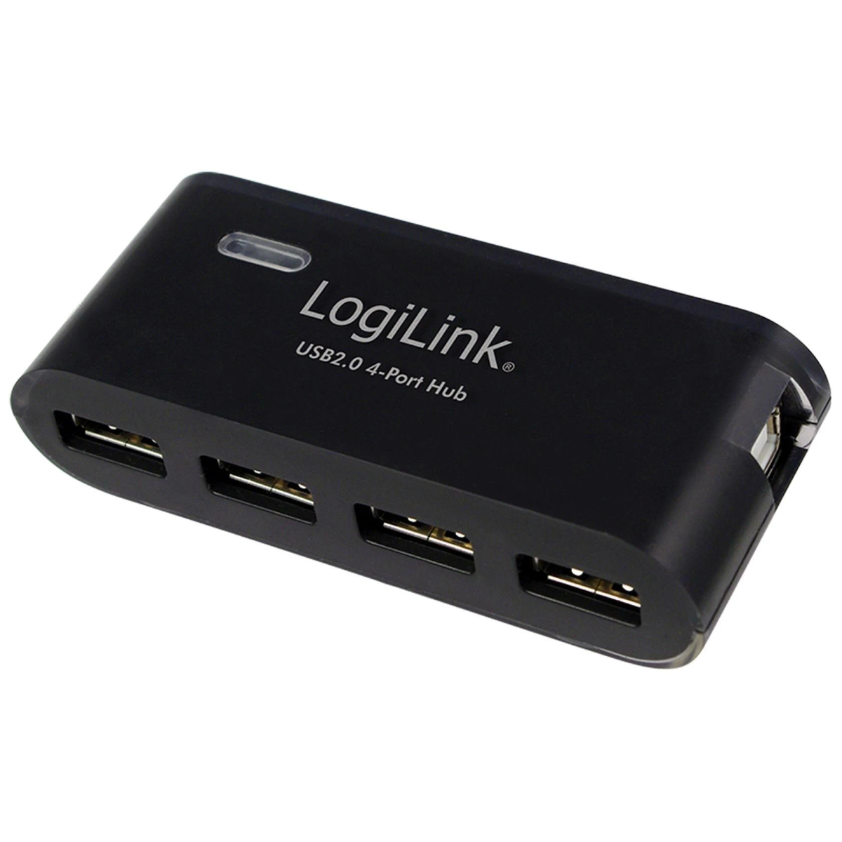 Un hub USB LogiLink nero con quattro porte. È su uno sfondo bianco.