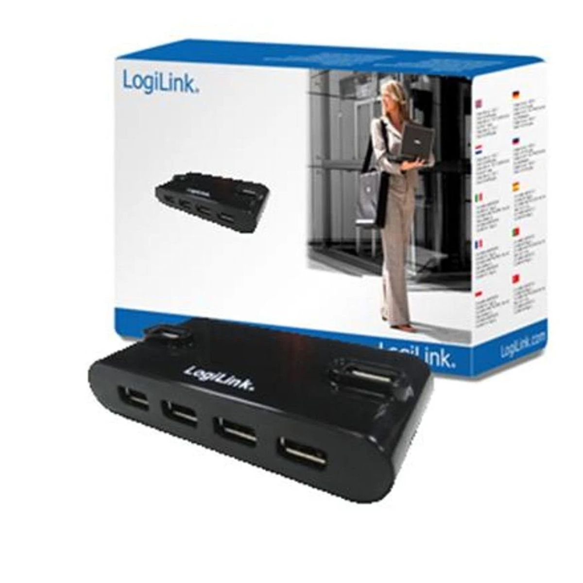 Hub USB nero con quattro porte e una scatola che mostra una donna con un laptop.