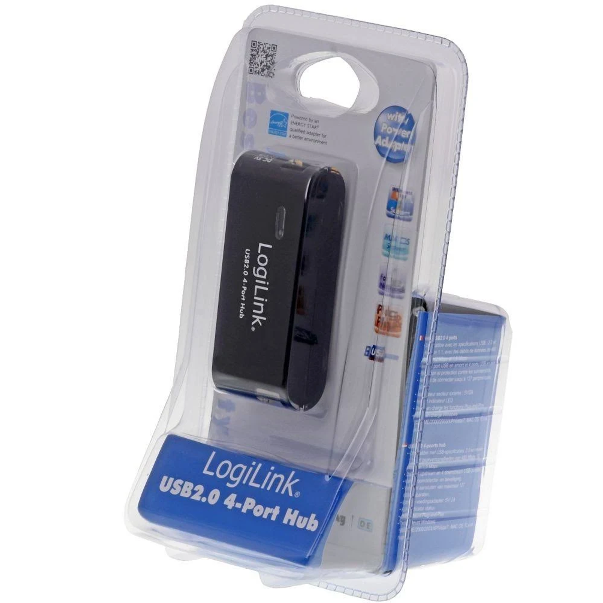Un hub USB LogiLink USB 2.0 a 4 porte nero in una confezione di plastica trasparente.
