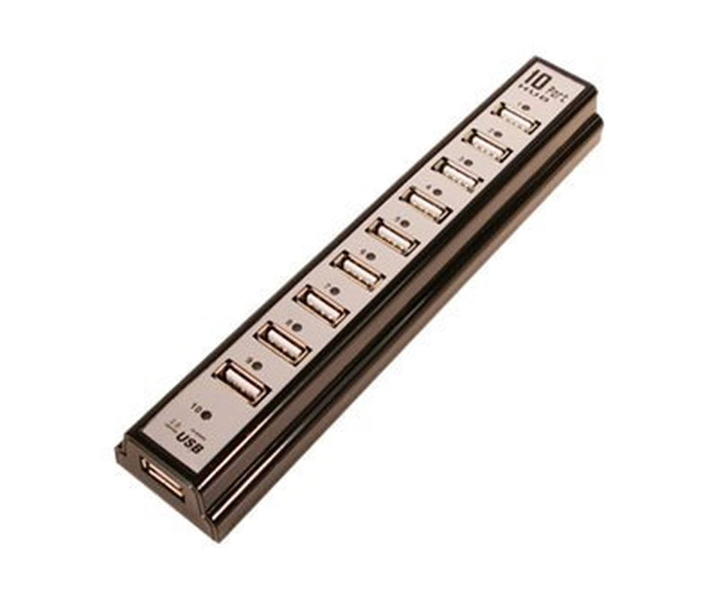 Hub USB nero con 10 porte, su sfondo bianco.